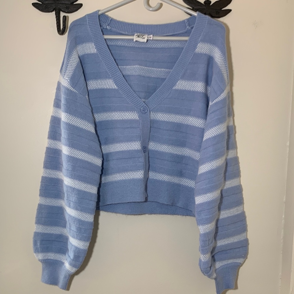 Princess Polly Light Blue & White Striped V-Neck Cropped Cardigan